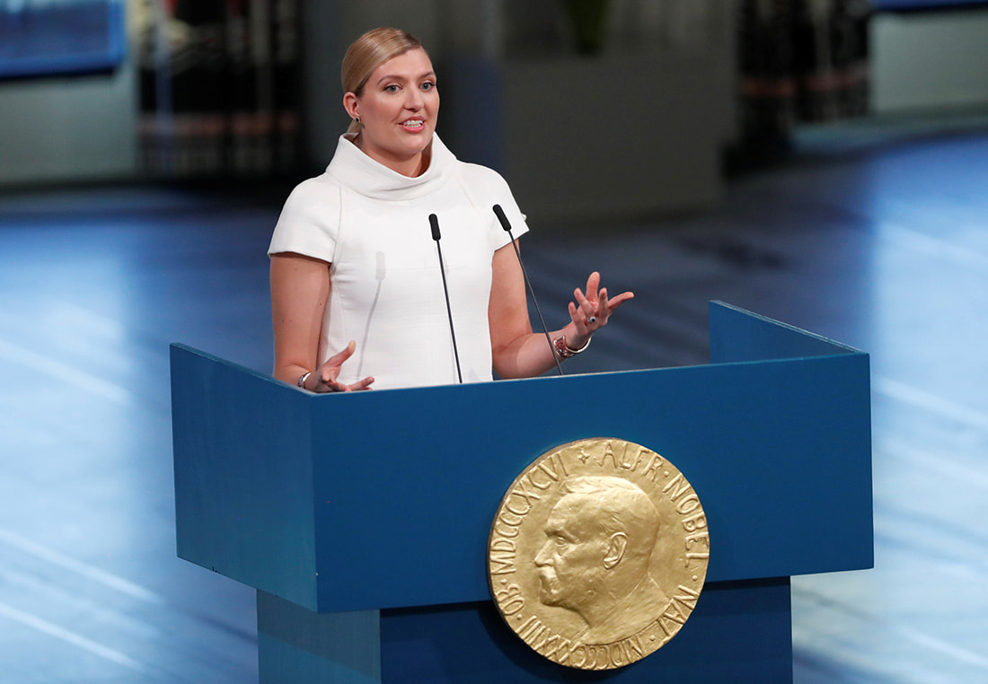 ノーベル平和賞授賞式で受賞講演するフィン事務局長（２０１７年１２月、ノルウェーのオスロ市内で）