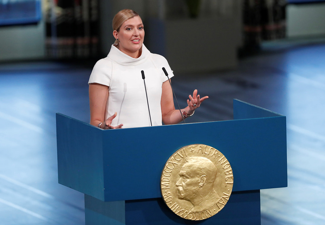 ノーベル平和賞授賞式で受賞講演するフィン事務局長(2017年12月、ノルウェーのオスロ市内で)