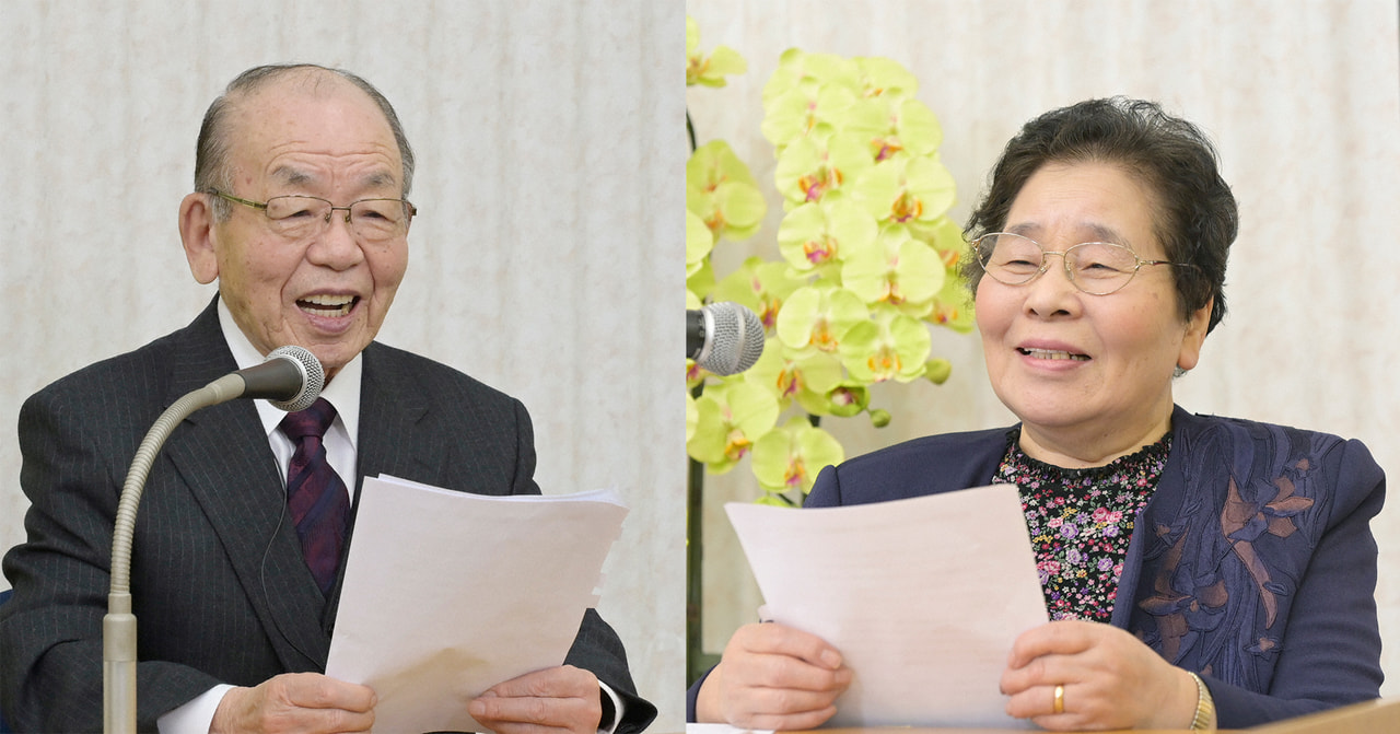 <証言会の様子 左:博栄さん、右:幸子さん(福島県・いわき平和会館)>
