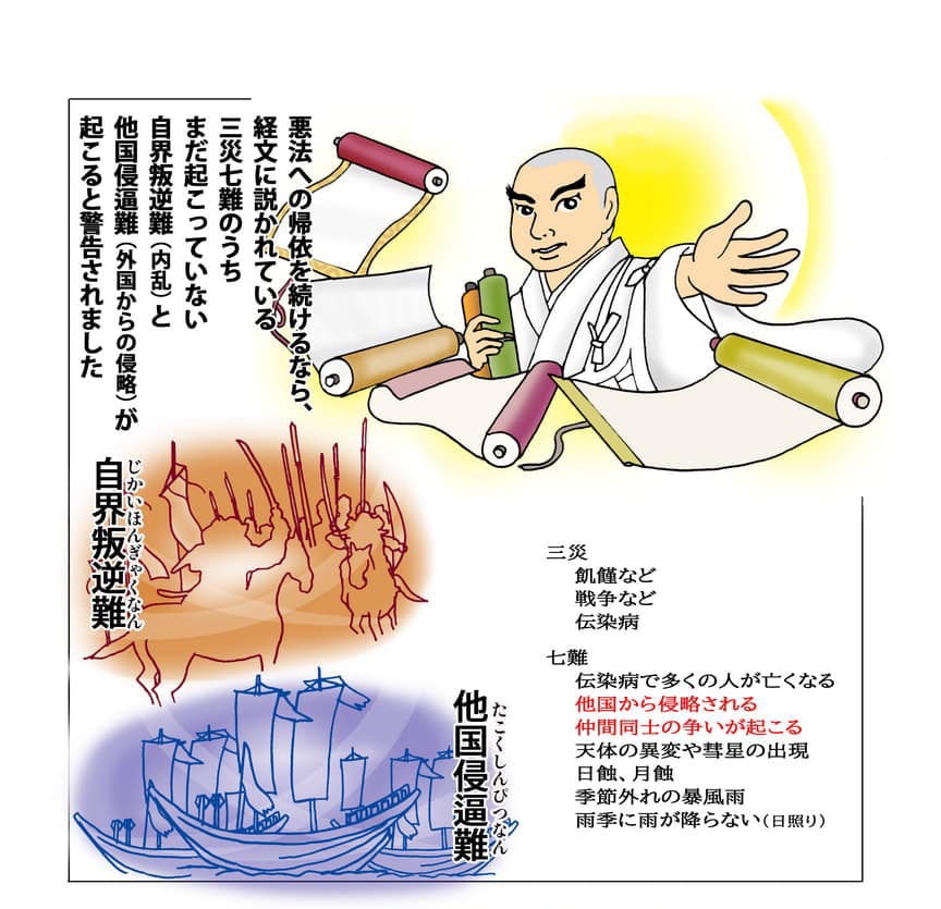 自界叛逆難、他国侵逼難のイメージとそれらに警鐘をならす大聖人のイメージ。悪法への帰依を続けるなら、経文に説かれている三災七難のうちまだ起こってない自界叛逆難と他国侵逼難が起こると警告されました。
