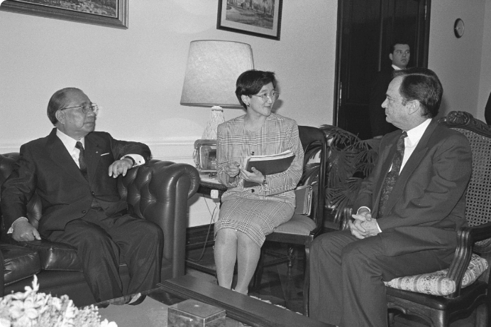 画像:授章式に先立ちバエスケン外務大臣（当時）と 会談（1993年）