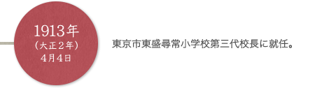 1913年（大正2年）4月4日 東京市東盛尋常小学校第三代校長に就任。